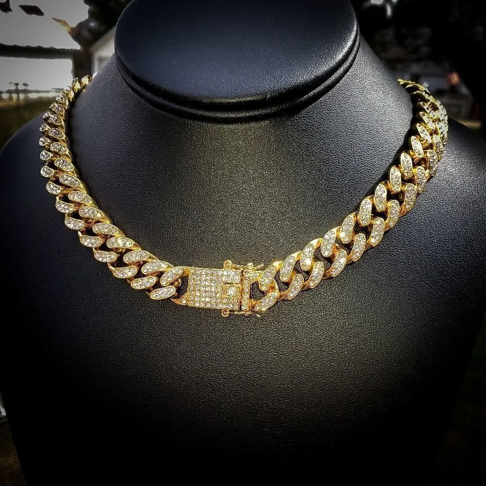 Iced Out Cuban Link Chain Gold | Diamond Clasp | Hip Hop Bling Necklace